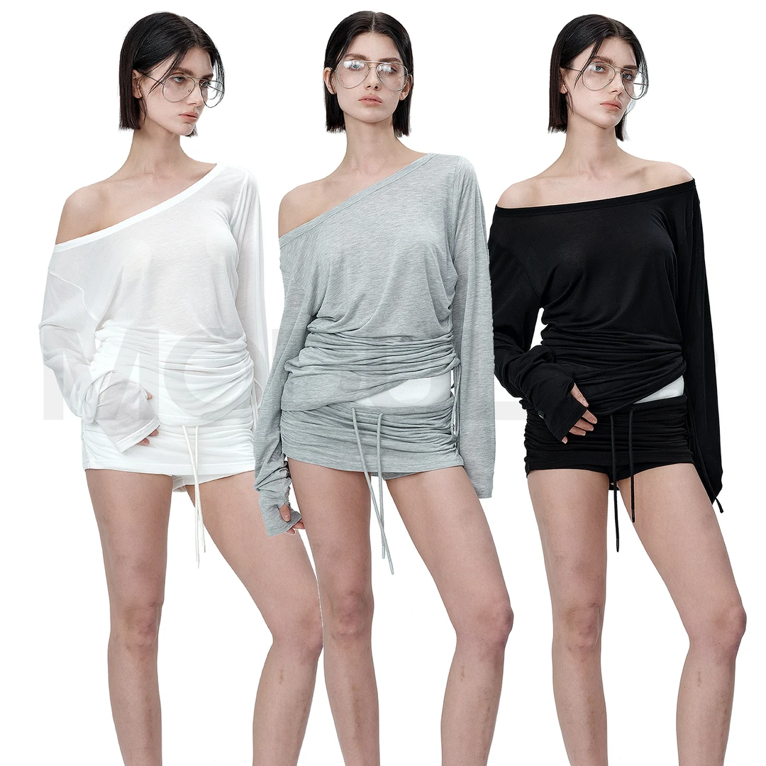 MODULER新款 原创堆叠感不规则褶皱显腰斜肩针织衫 黑色灰色白色