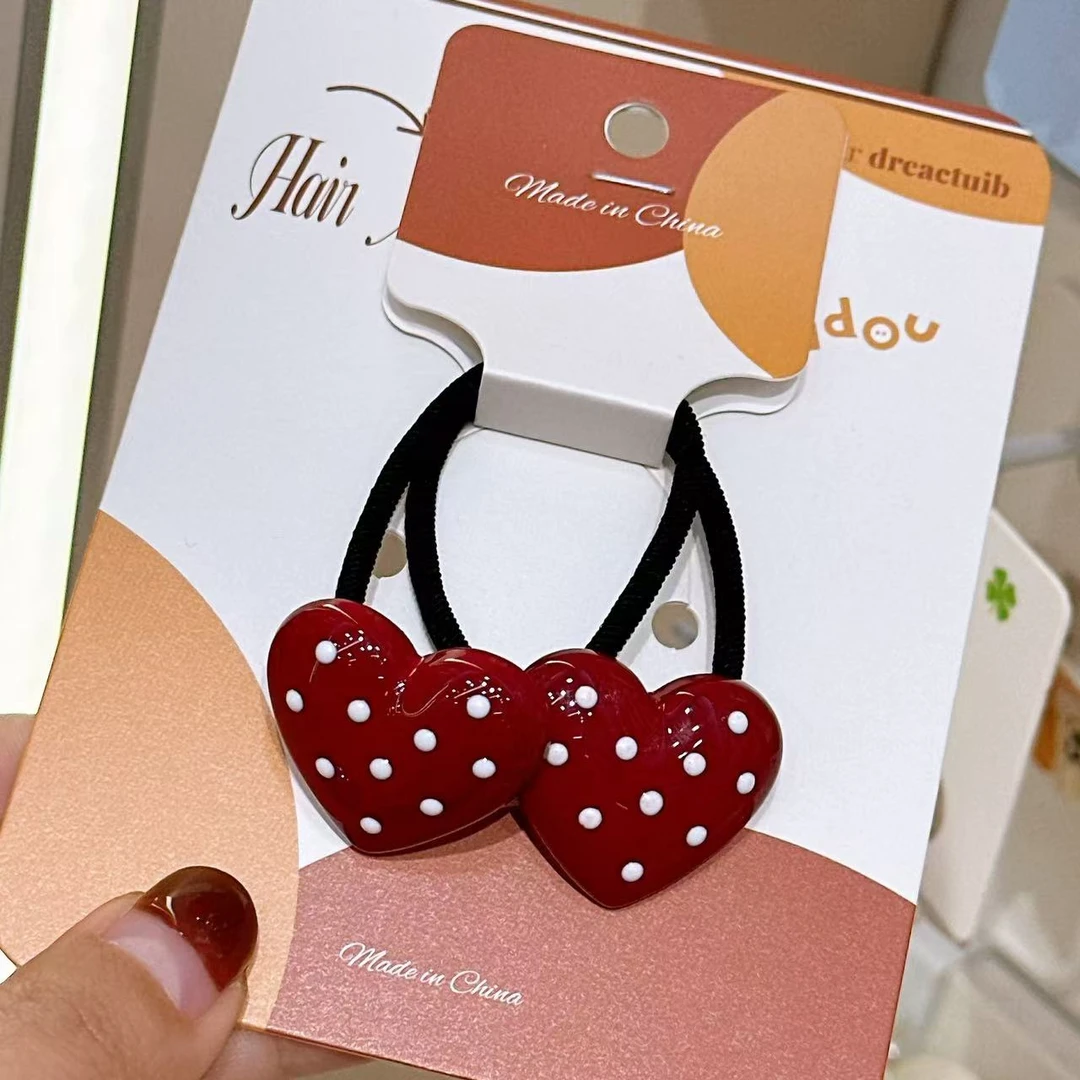 A-6264  rw 1对酒红色爱心波点儿童简约高弹力耐用头绳      发圈