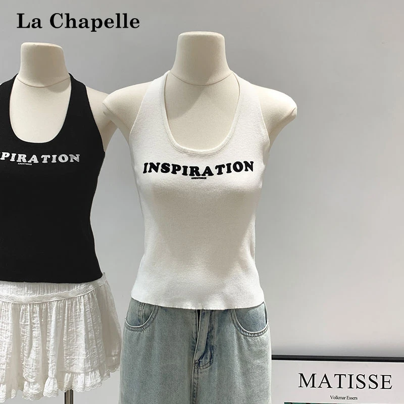 拉夏贝尔象牙白色挂脖露背字母印花针织背心女夏日外穿无袖短上衣