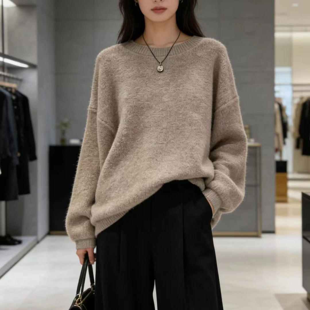 胸120-170长56亮丝大版厚款套头毛衣圈圈纱遮肉简约针织上衣 4715