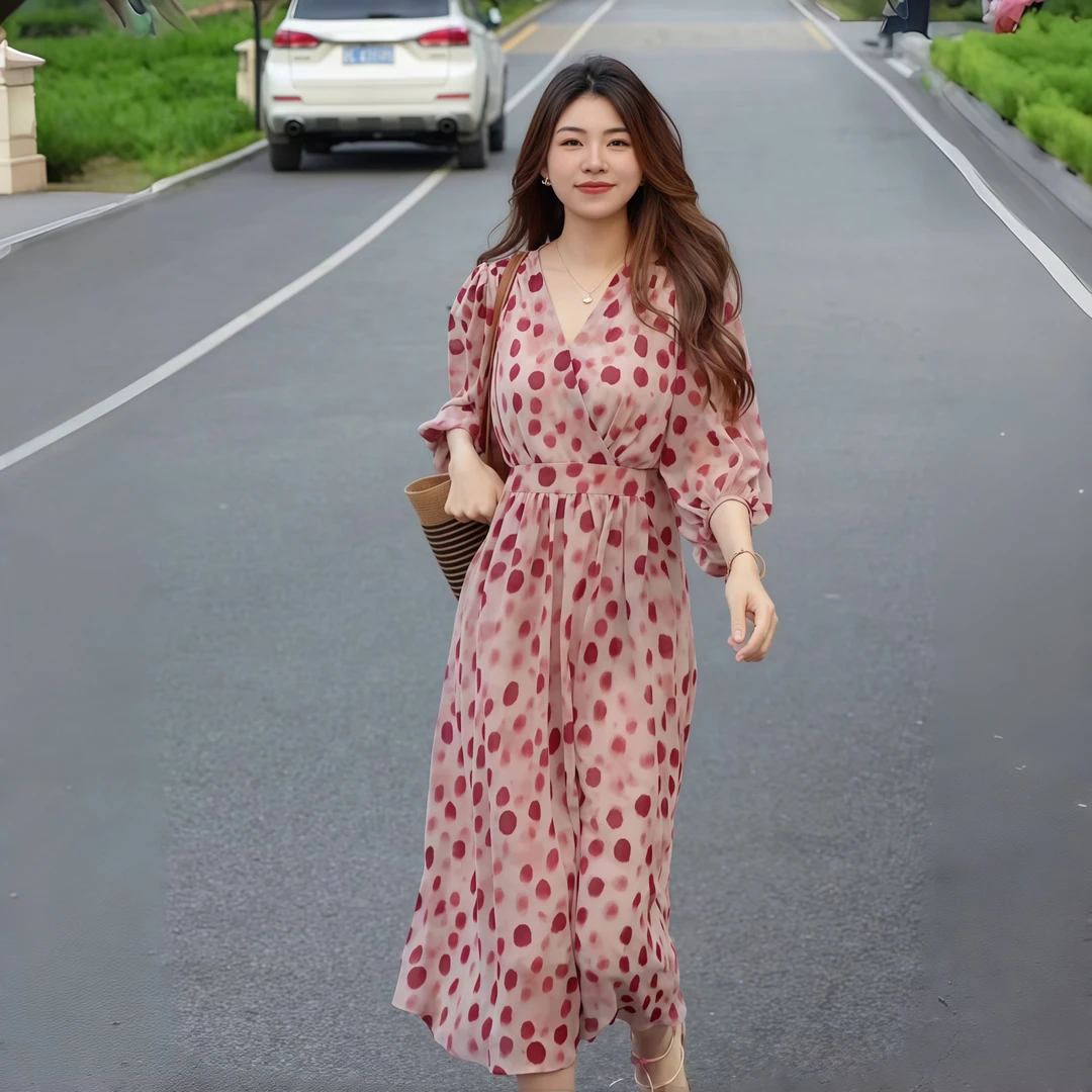 红色波点连衣裙女2025夏新款V领小个子时尚气质收腰显瘦宽松长裙