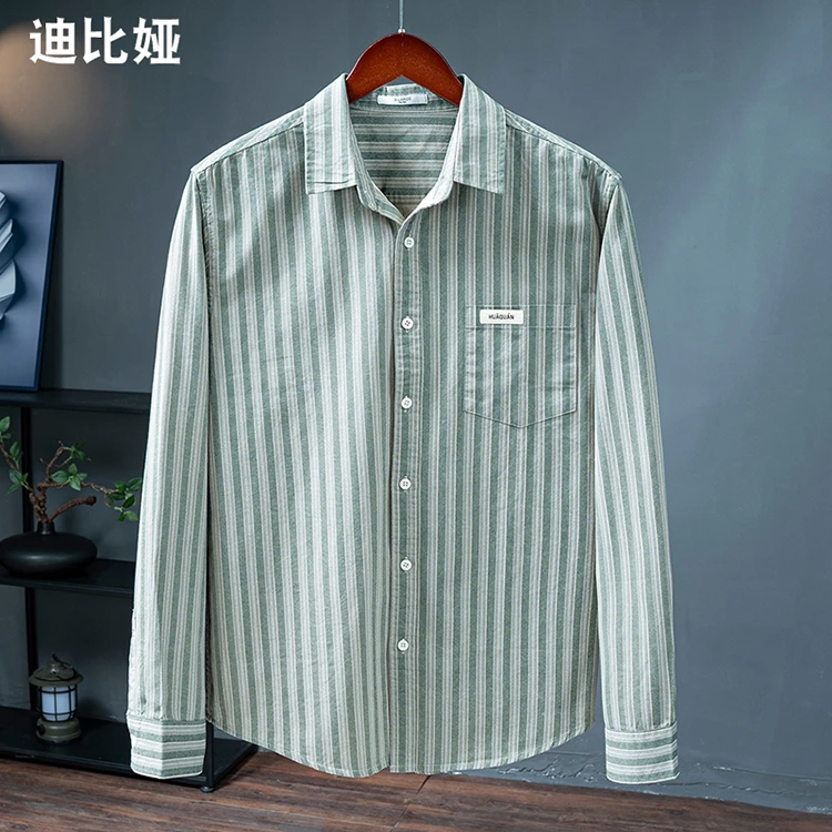 迪比娅日系复古条纹长袖衬衫男2025款全棉秋季休闲通勤衬衣外套Y