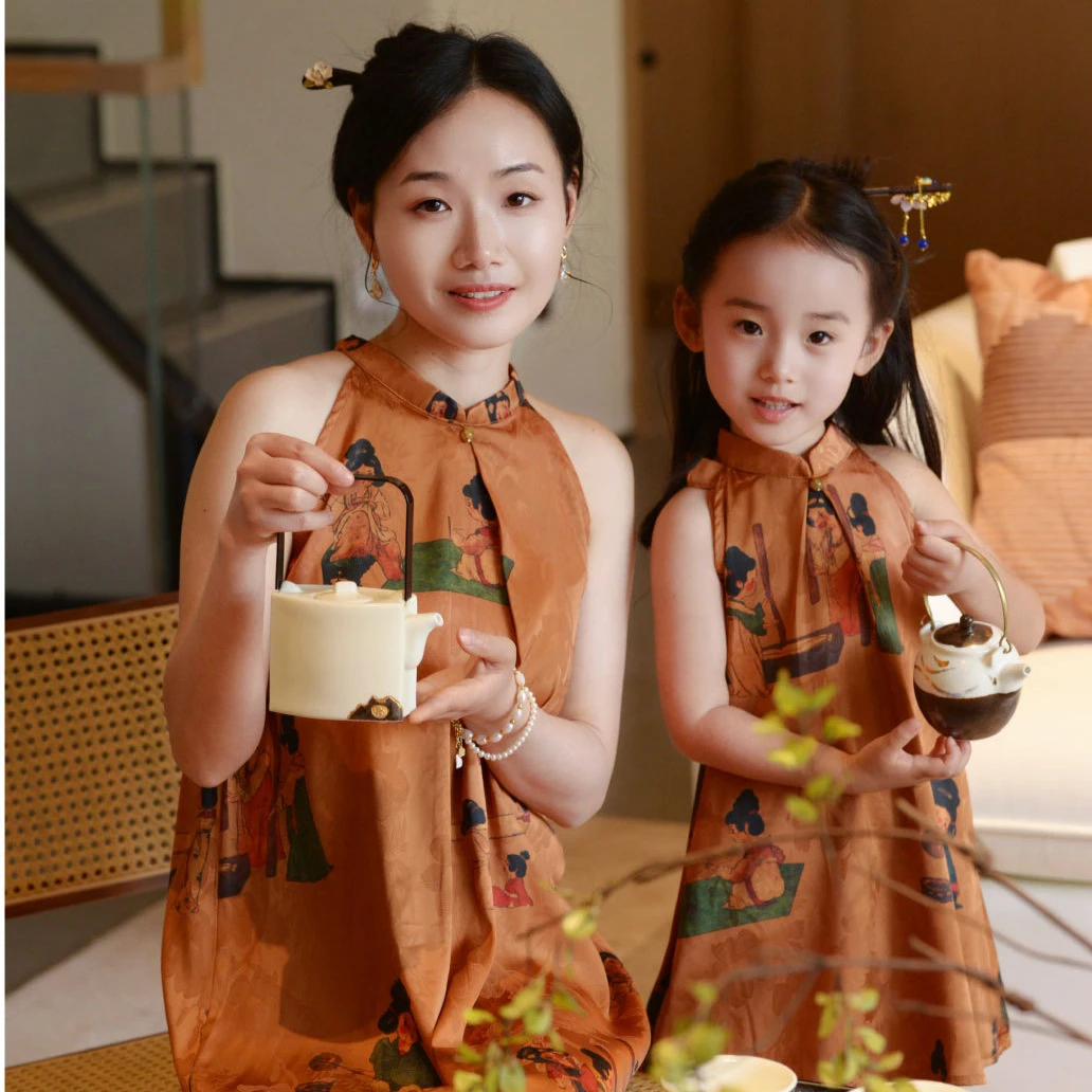 女童挂脖旗袍夏季薄款可爱唐装印花中国风仕女图无袖旗袍裙套装