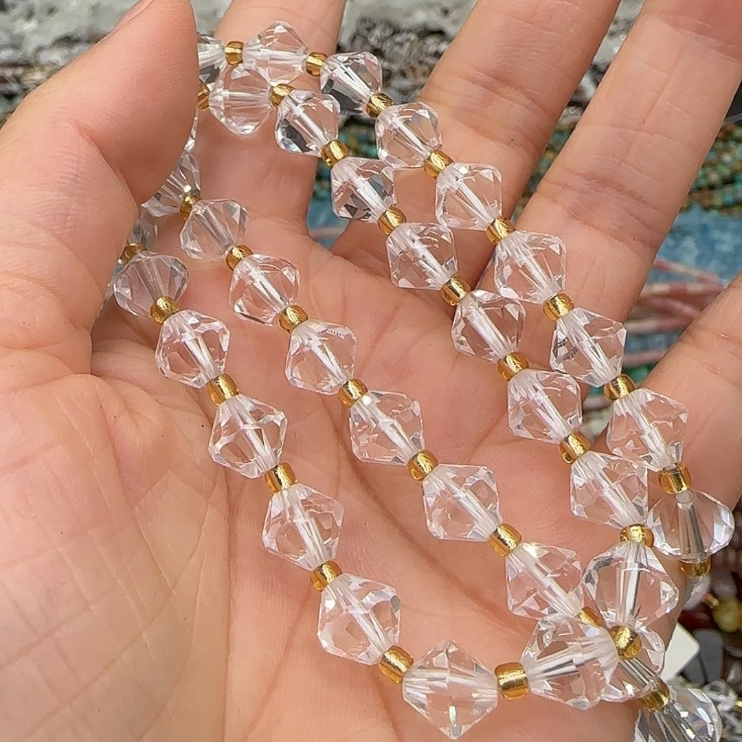 合金玛瑙/玉髓珠宝半成品白水晶8mm立体菱形一条