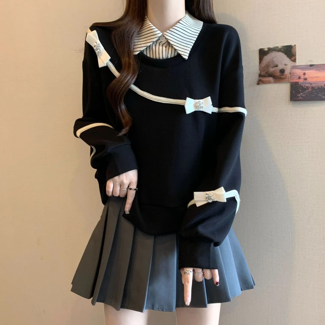 大码假两件POLO领条纹拼接卫衣女春秋胖MM宽松显瘦洋气设计感上衣