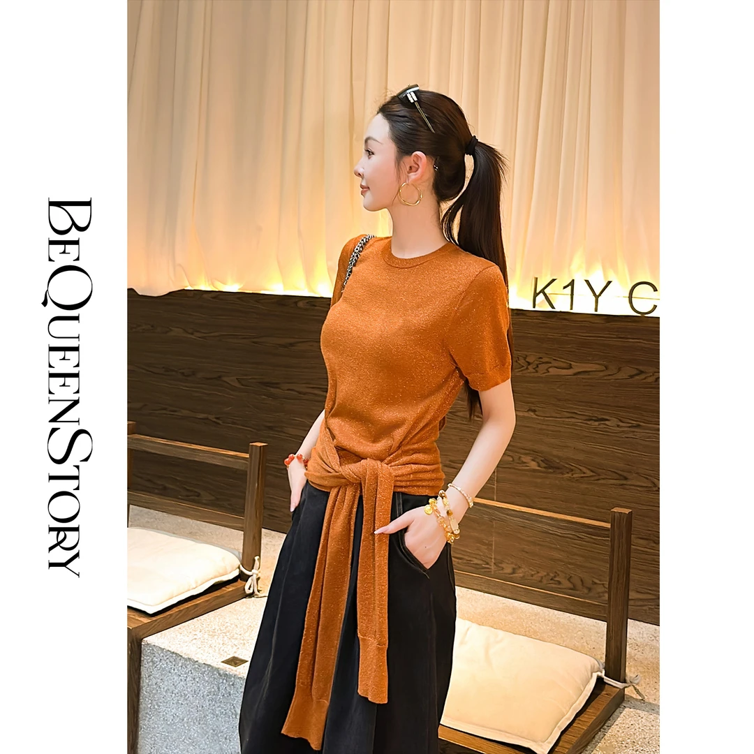 余潇潇【优雅高知】含桑蚕丝绵羊毛混纺圆领假两件披肩针织上衣T恤