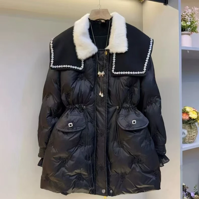 大码女装冬季新款时尚通勤风毛领棉服女韩版加厚夹棉抽腰百搭外套