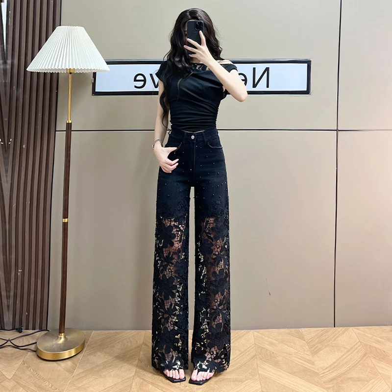 时髦蕾丝镂空阔腿牛仔裤女2025年新款夏季薄款宽松烫钻流行直筒裤