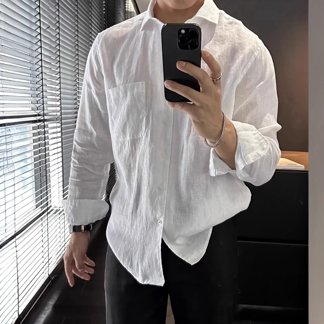 百搭纯色时尚口袋软亚麻长袖衬衫男夏季新款翻领休闲上衣宽松衬衣