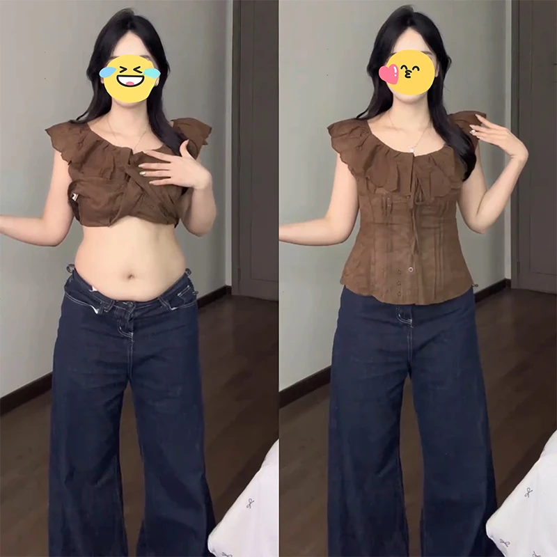 大码胖MM韩系复古荷叶边衬衫女夏季新款设计感小众收腰显瘦上衣潮