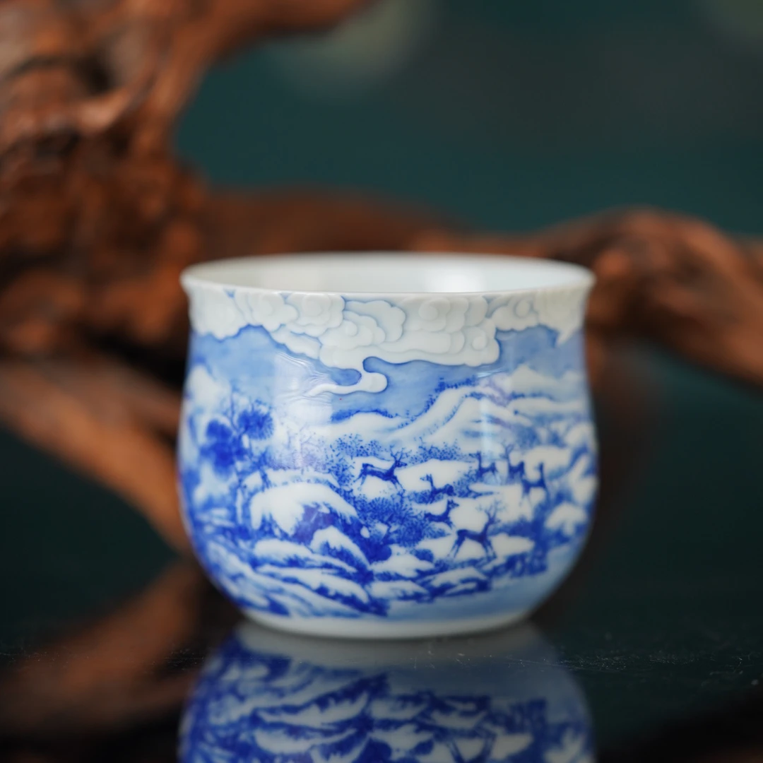 云山片玉子玉雪鹿鸣音祥云雕刻福袋杯景德镇陶瓷高端茶具