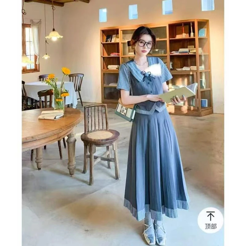 法式时尚套装夏季针织学院风韩版显瘦背心套装裙子7098