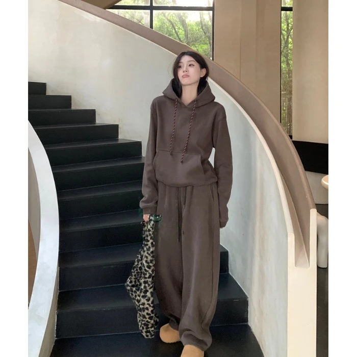 休闲套装纯色加厚连帽卫衣女装秋冬新款宽松高腰抽绳阔腿裤两件套