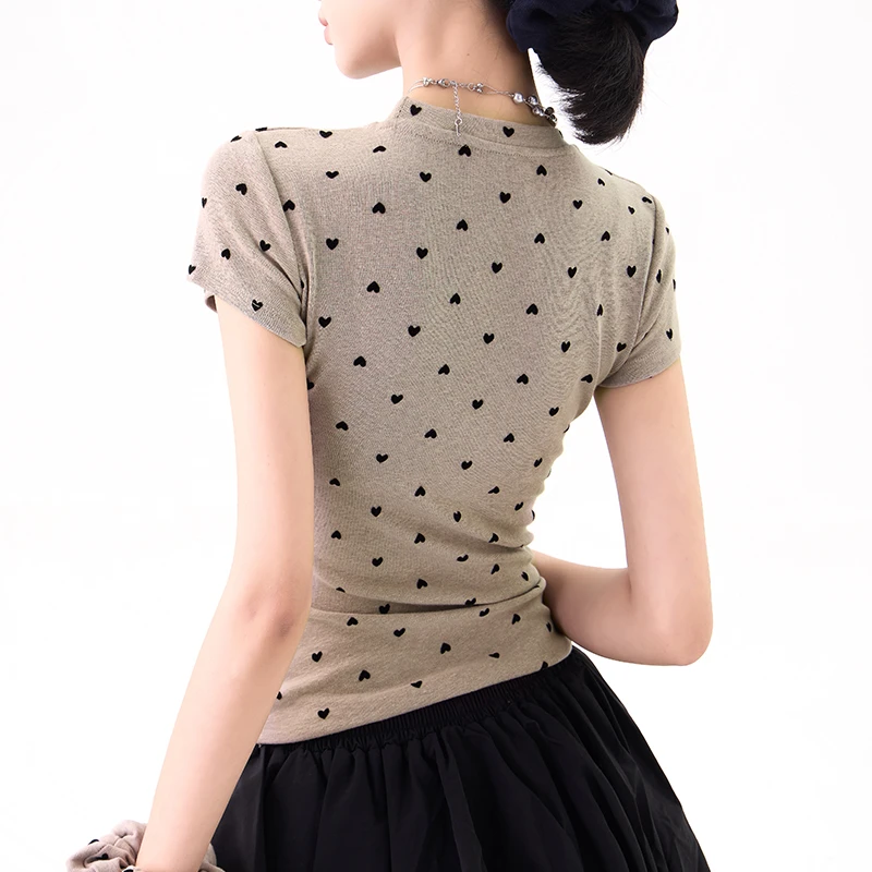 KEN STUDIO夏季卡其色波点正肩短袖T恤女辣妹修身上衣发圈两件套