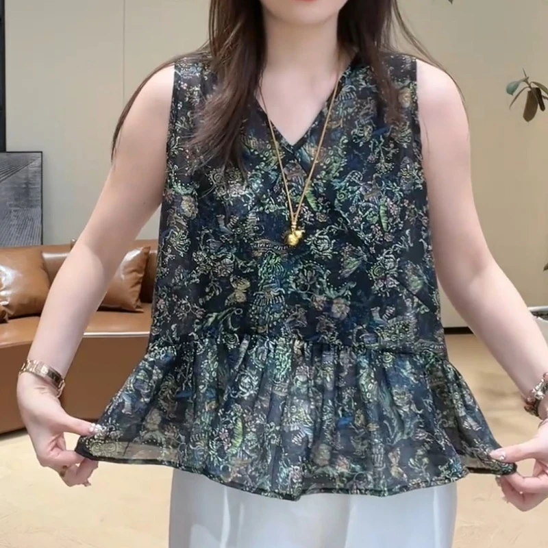 2025夏季新款百搭设计师无袖碎花衬衣上衣LK2504231