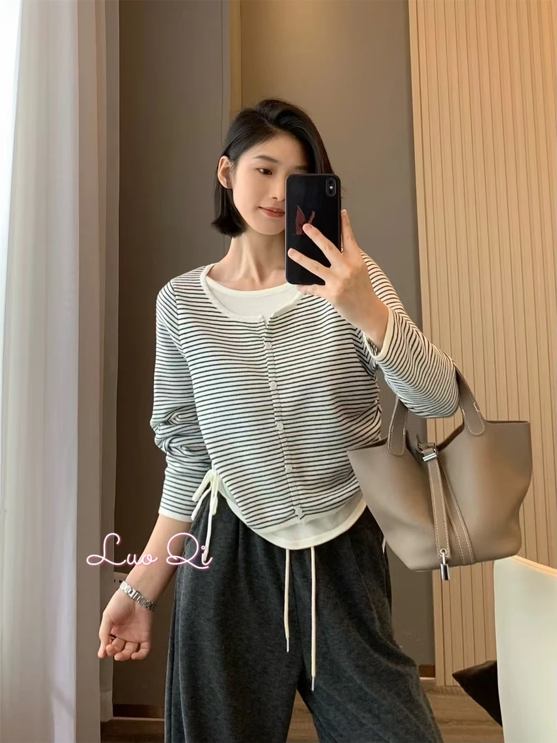 早春百搭显瘦长袖条纹针织假两件针织衫