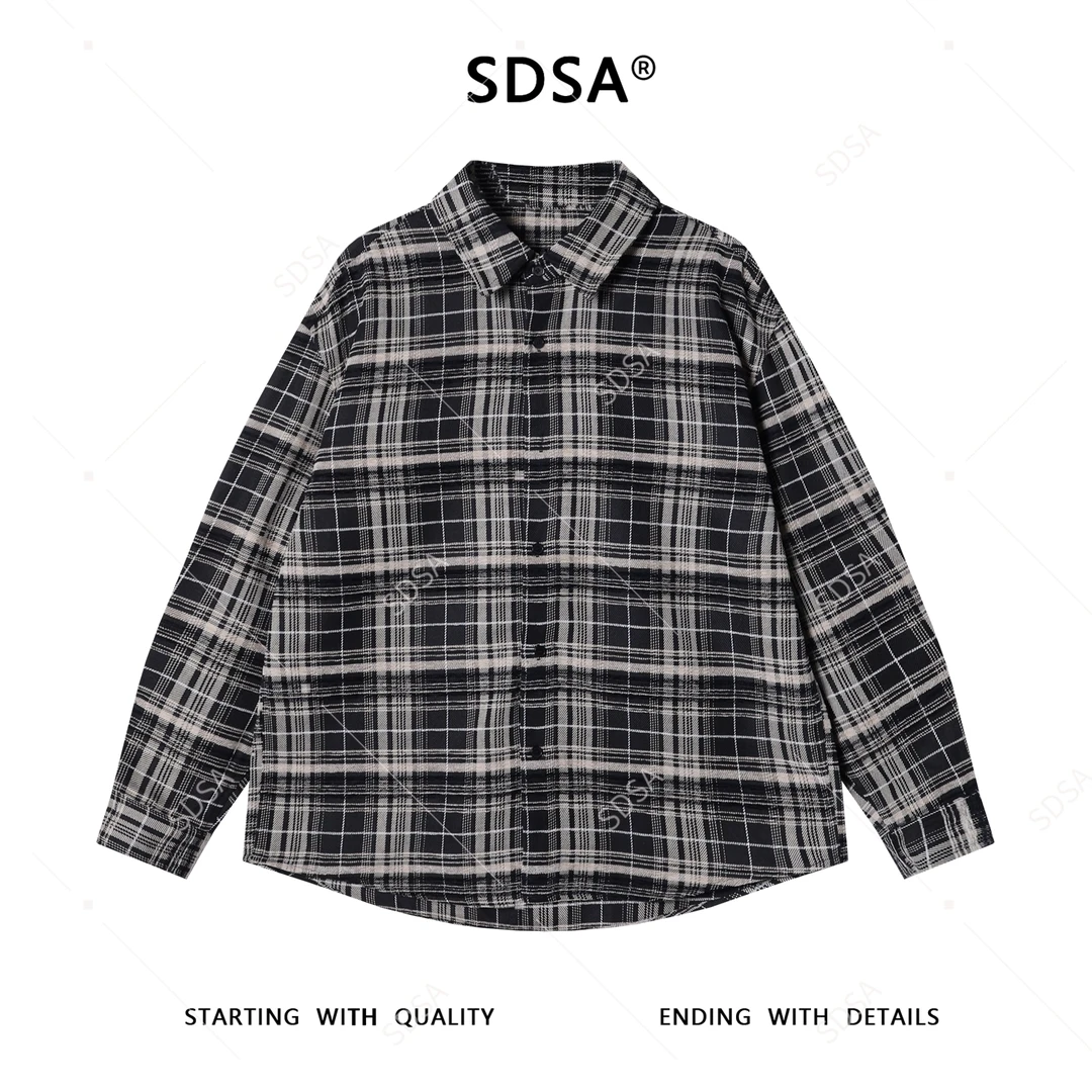 SDSA男士秋冬新款痞帅男装美式复古撞色格纹翻领长袖T恤时尚衬衣