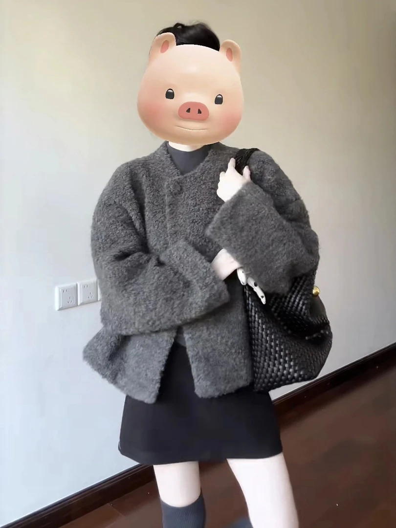 韩版灰色圈圈呢短外套女2025秋冬新款小个子宽松百搭加棉呢子上衣