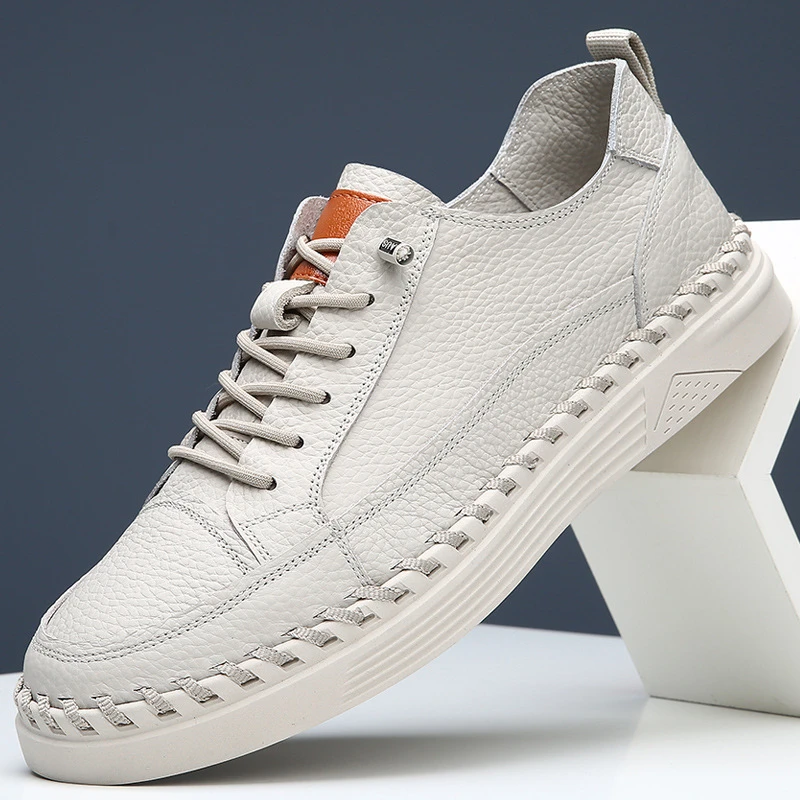 男鞋2025春季新款真皮透气休闲皮鞋潮流百搭低跟板鞋米白黑色3844