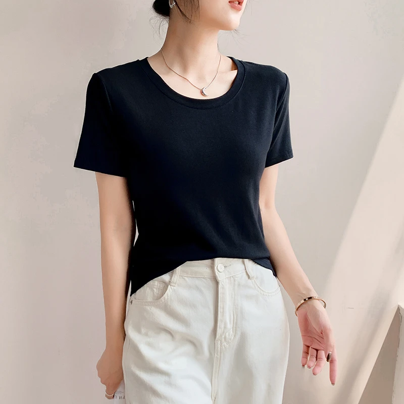 大圆领正肩短袖T恤女漏锁骨设计感显瘦2025夏季新款百搭半袖上衣