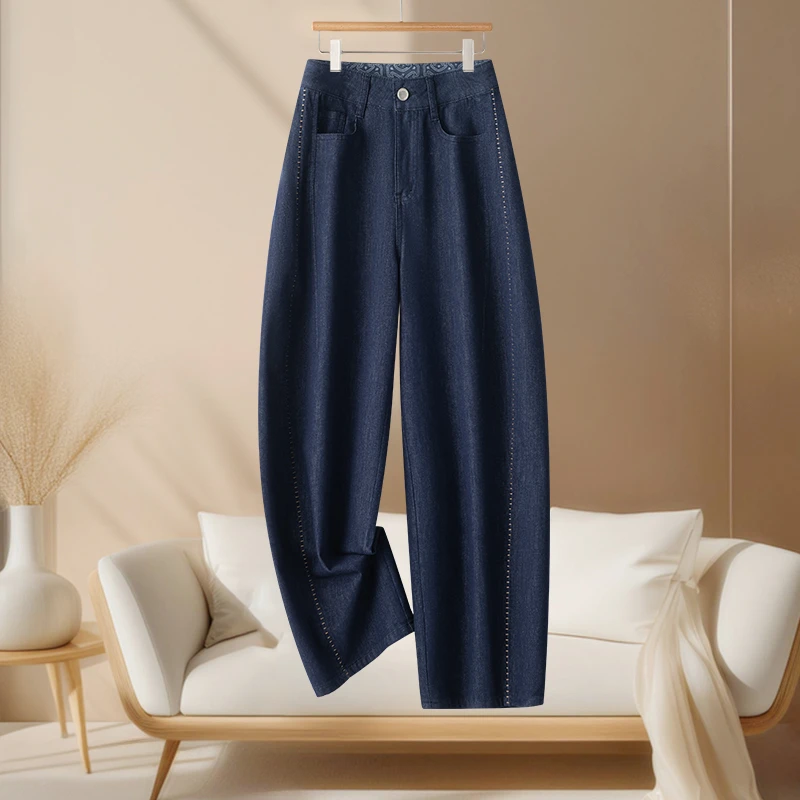 牛仔裤休闲翻边印染气球裤做旧印花秋季长裤高腰薄款