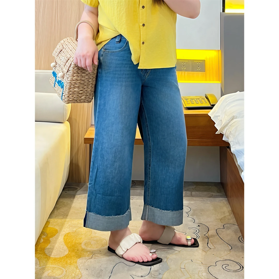 拉夫少女 / 凉凉夏款九分直筒牛仔裤15069花契大码200斤胖mm气质