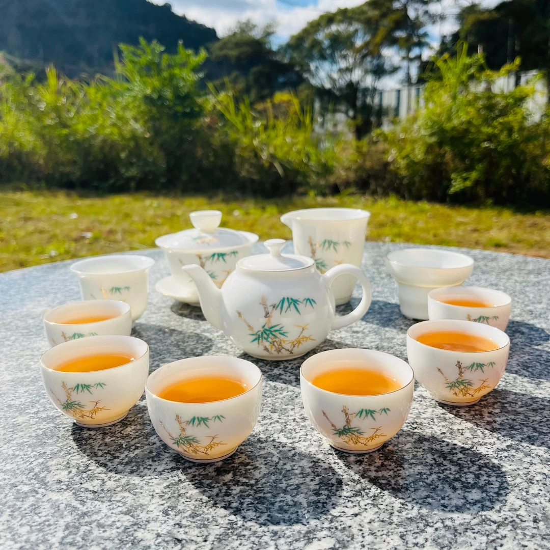 羊脂玉瓷金竹报喜白瓷功夫茶具套装高端全套直播家用泡茶