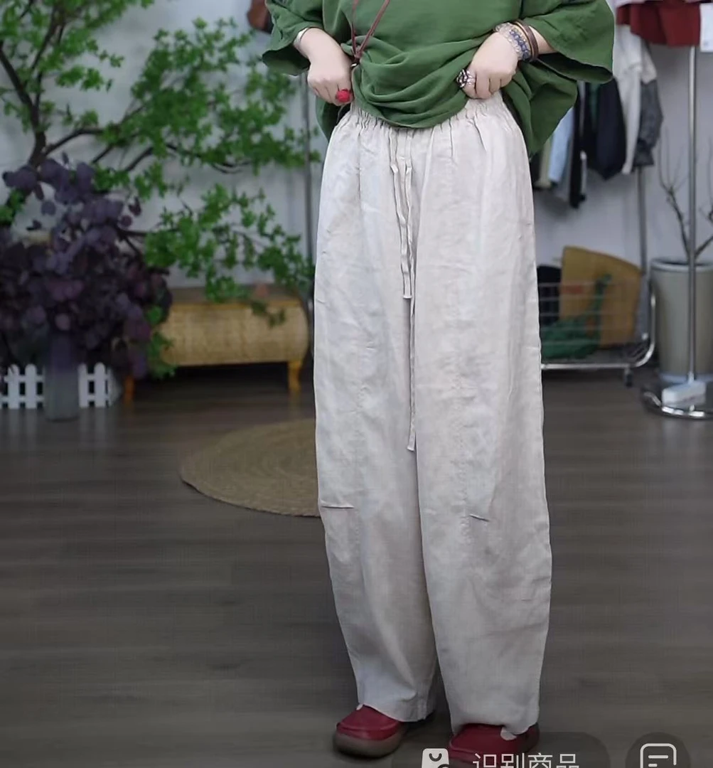【若汐女装】欧版宽松大版休闲百搭夏季慵懒风设计款亚麻休闲裤7251