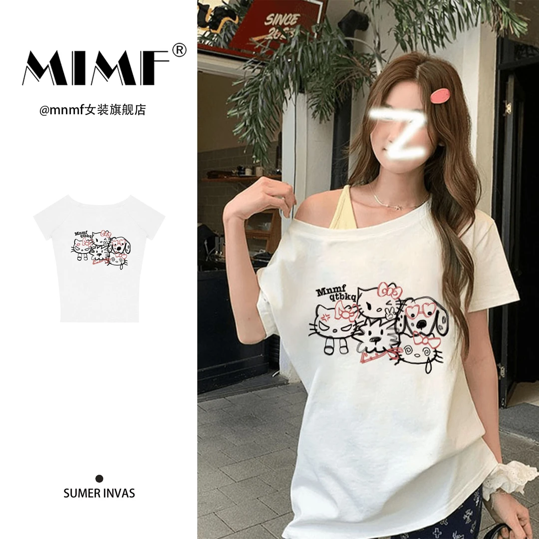 mnmf美式复古斜肩卡通印花短袖T恤女装甜美可爱风宽松显瘦上衣ins