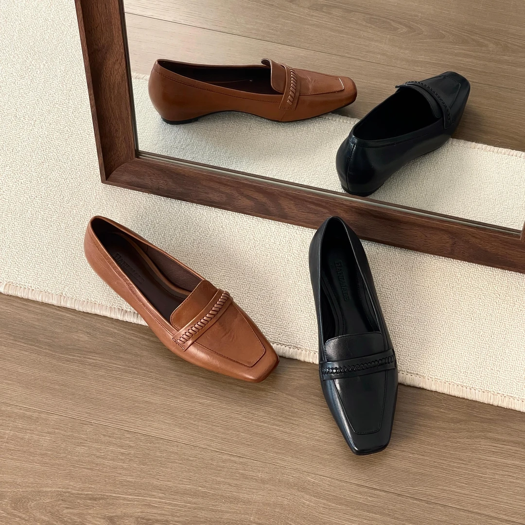 HUSSLOVE 头层牛皮·跟高3.5CM·百搭通勤编织装饰方头内增跟单鞋