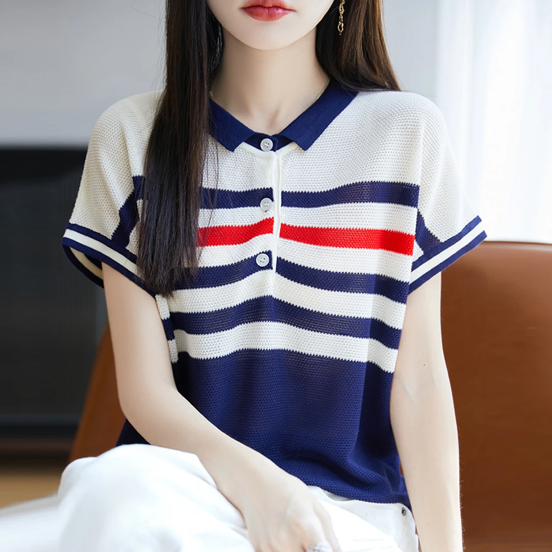 胖mm夏装大码冰丝针织衫女士短袖t恤宽松遮肚子巨显瘦polo领上衣