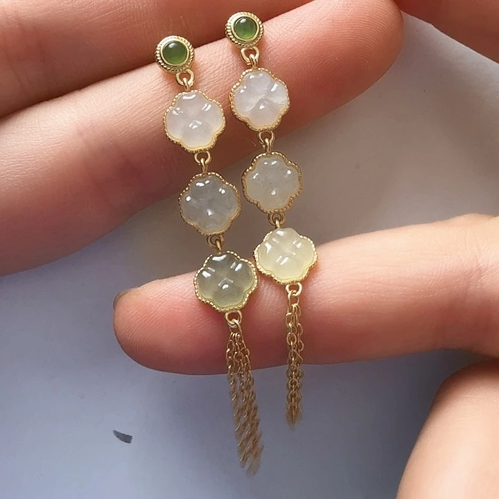 和田玉银S925镀金镶嵌耳饰