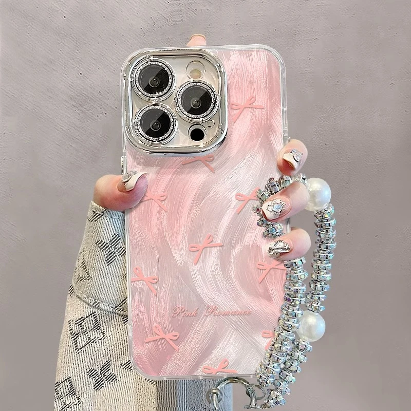 粉色蝴蝶结手链适用苹果16羽纱手机壳13promax高级感15简约14小众