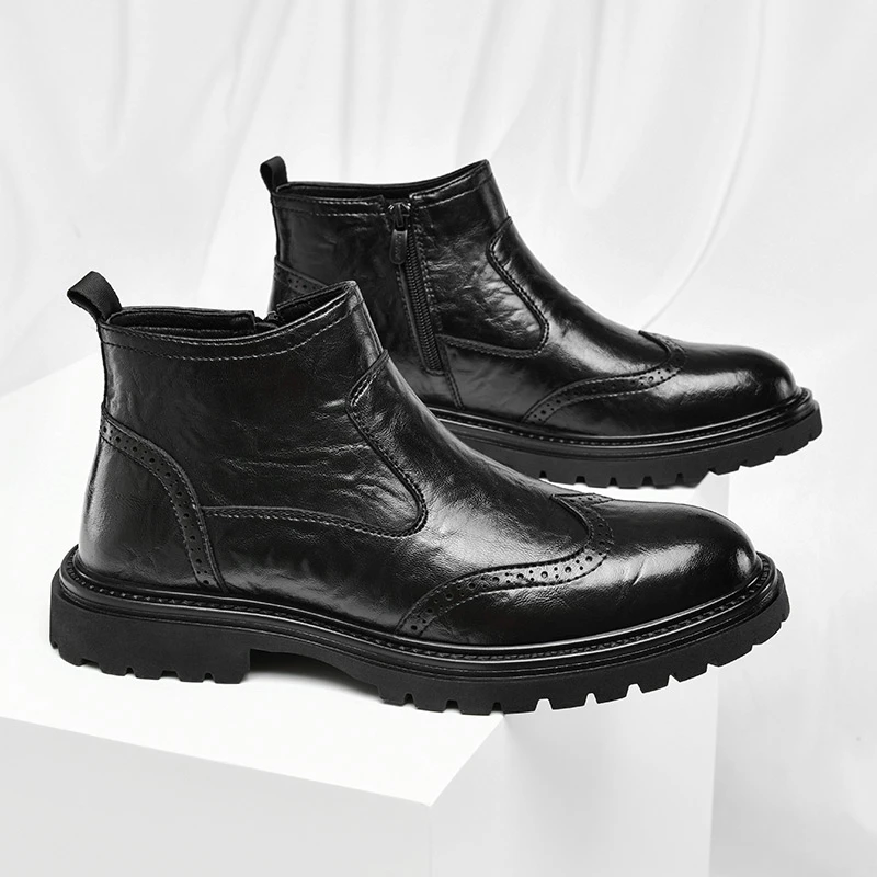 5829马丁靴中帮新款英伦风布洛克男士休闲厚底冬季加绒保暖百搭靴