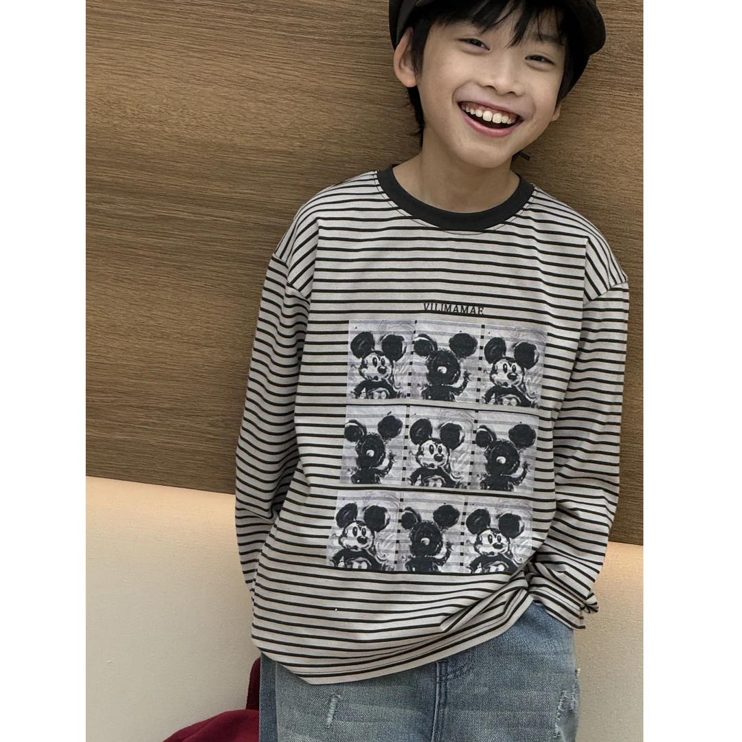 vilimama2025年春款黑白条纹米奇印花棉棉长袖T恤55393