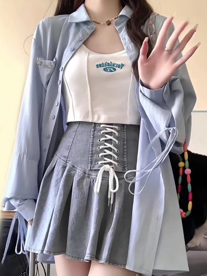 B983蓝色衬衫衬衣外套女薄款春季2025新款法式小个子宽松长袖上衣