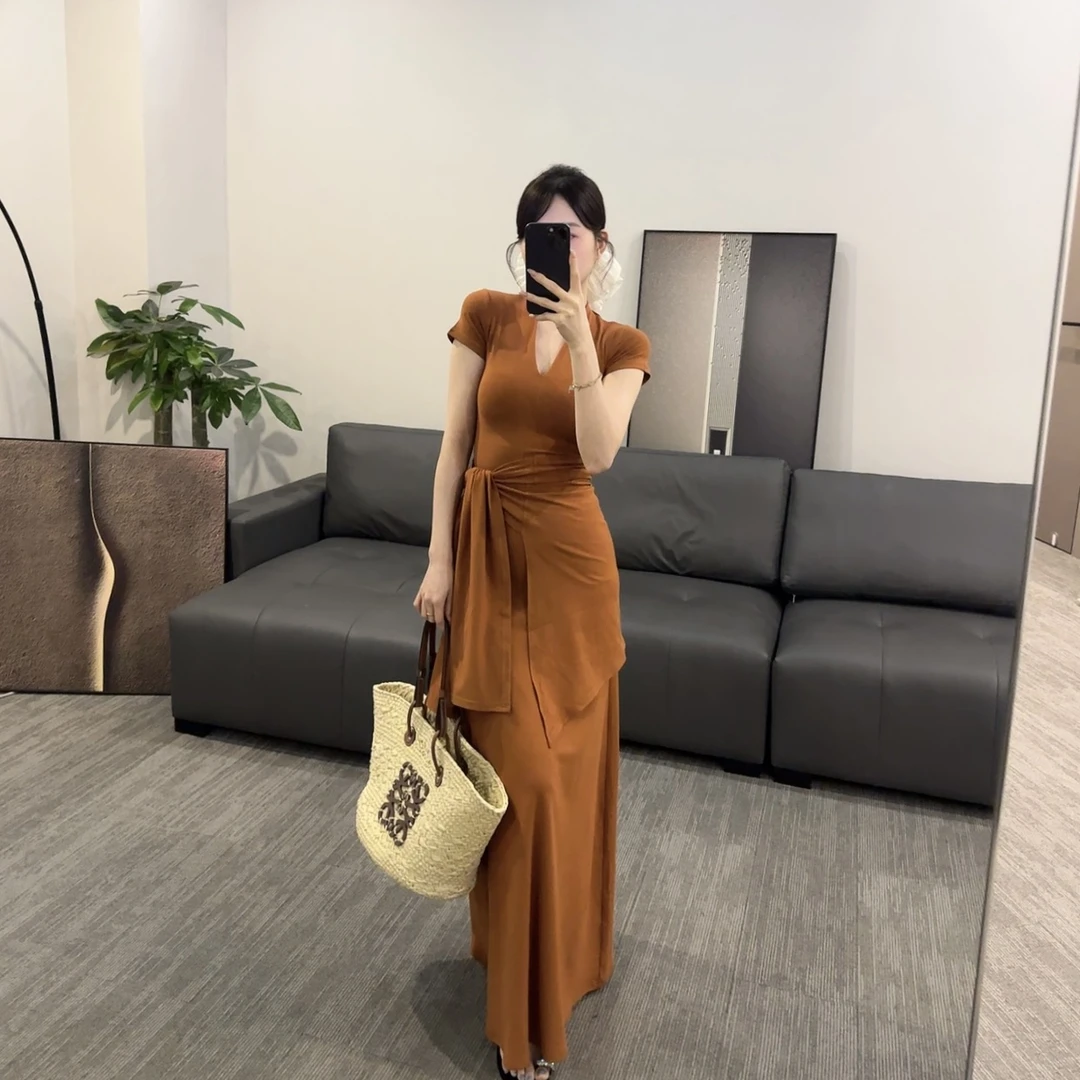 【OS&oneshow】夏季女显瘦气质套装收腰长裙感高级感短袖V领三件套