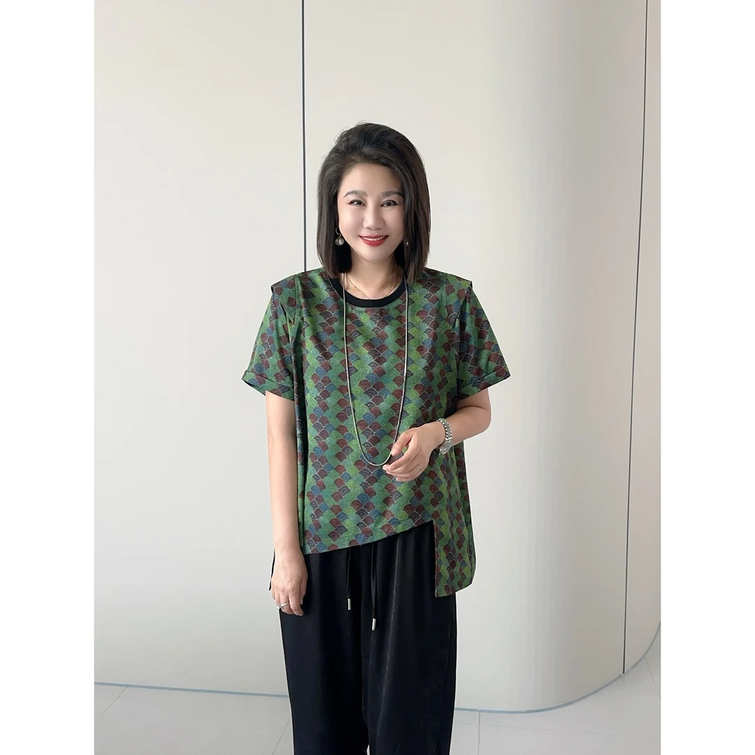 微胖女装【见青衫】花萝底祥云新中式不规则上衣新款显瘦短袖20722