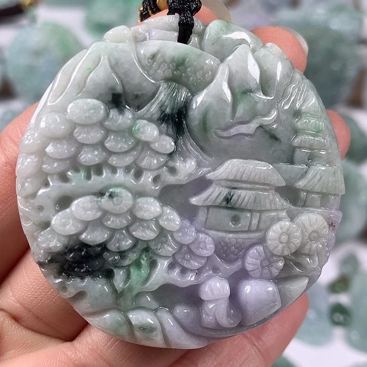 翡翠未镶嵌颈饰山水福利两面工艺福利