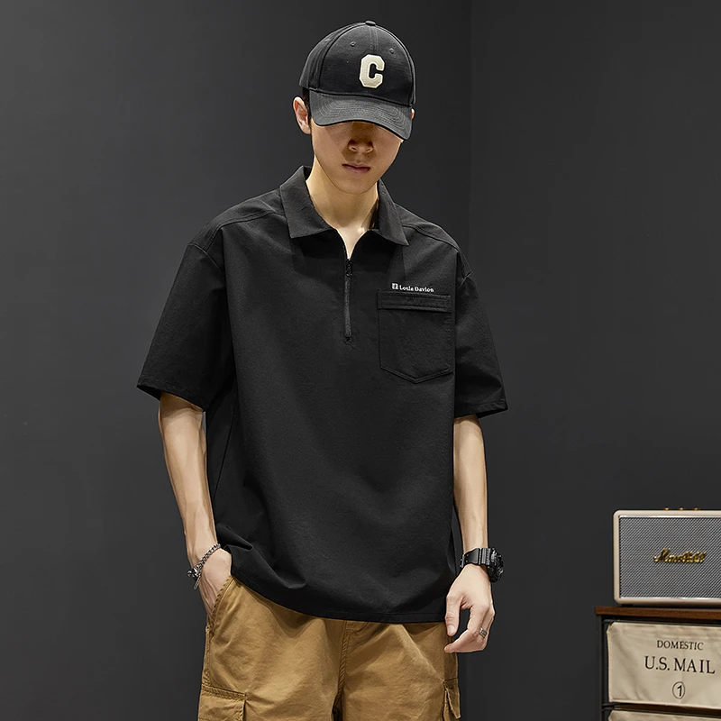 151夏季新款POLO衫短袖男士翻领黑色工装衬衣宽松薄款百搭T恤衫