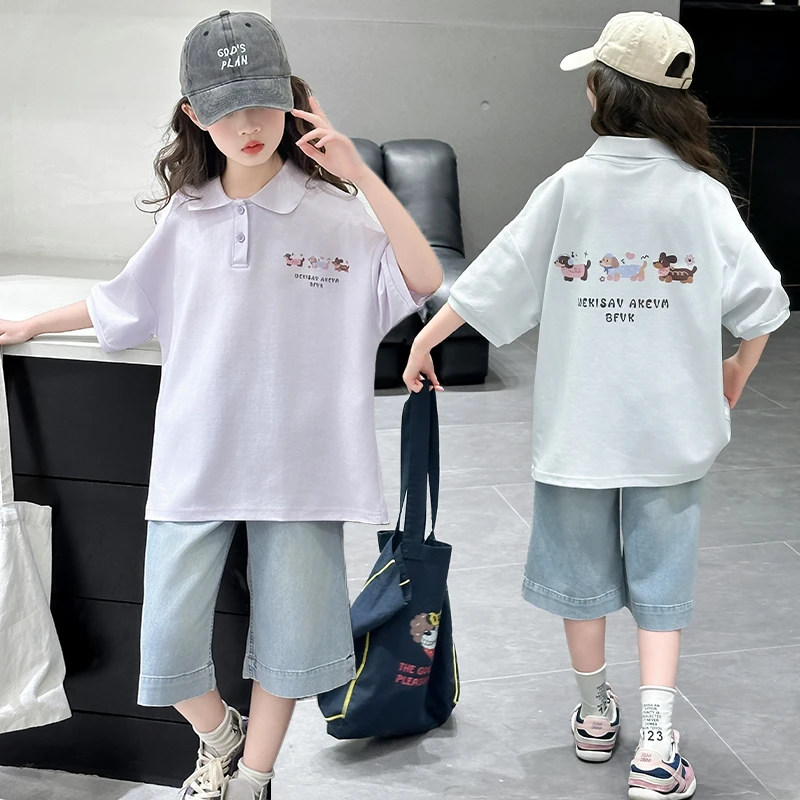 女童夏季洋气polo衫短袖T恤牛仔中裤套装中大童初中生韩版两件套
