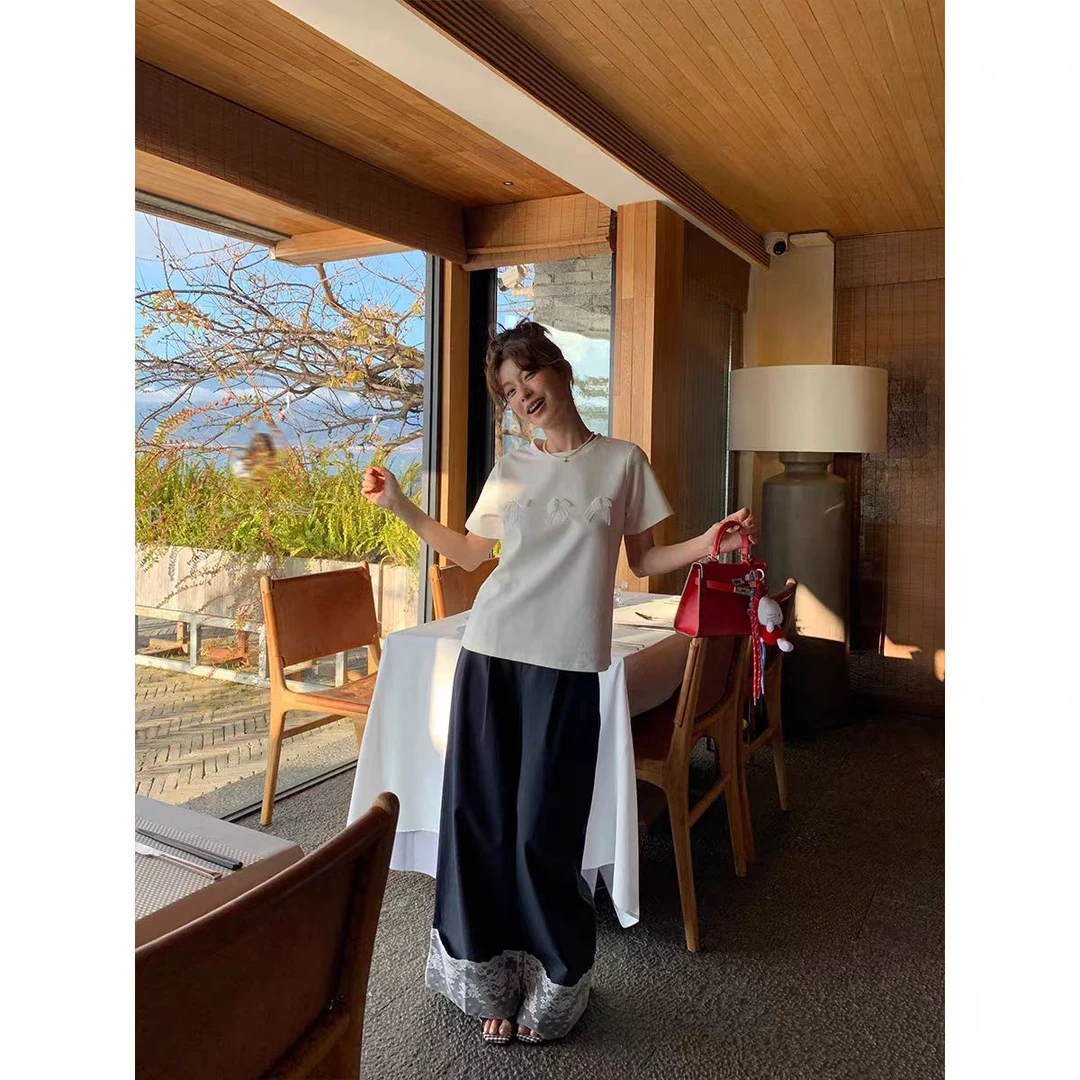 蕾丝蝴蝶结显瘦气质白色时尚春夏t恤