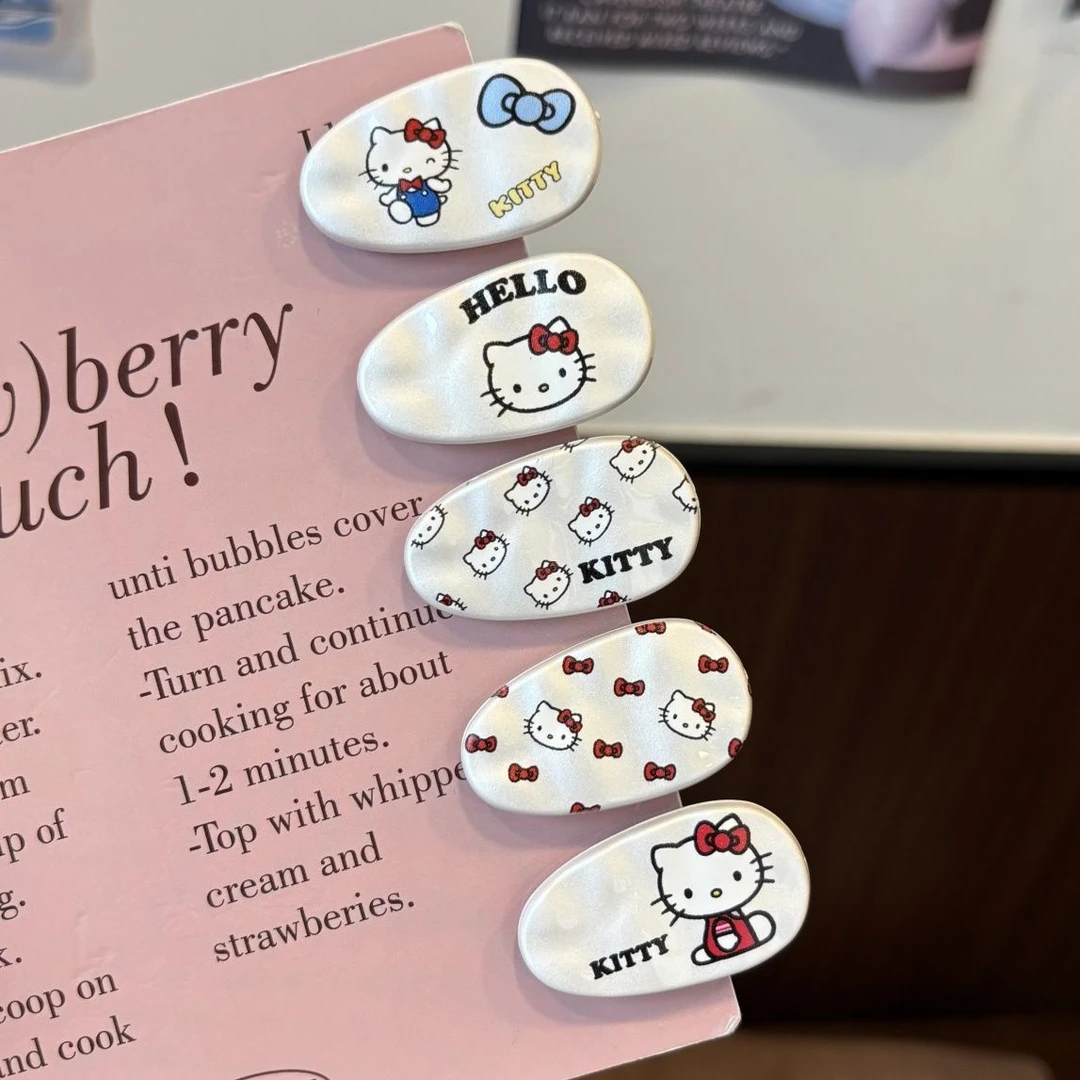 可爱甜美珍珠白KT猫椭圆发夹卡通少女ins风百搭刘海夹网红发卡