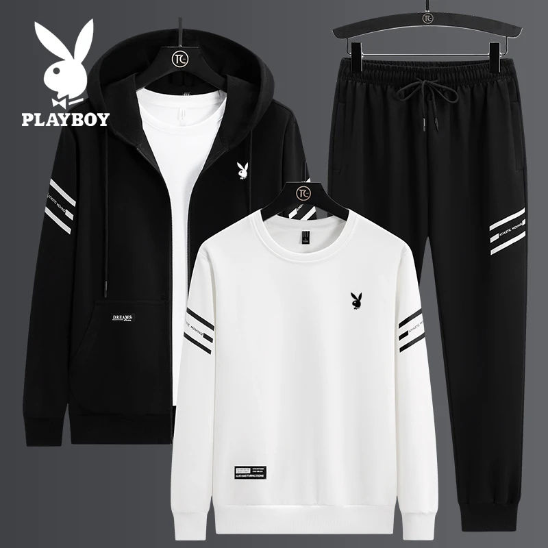 【3件套】PLAYBOY/花花公子休闲套装男士运动服春秋季大码外套卫衣