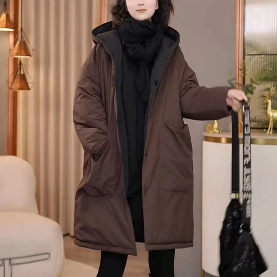 双面穿长款黑色棉服连帽中长款情侣宽松韩版保暖棉衣女装