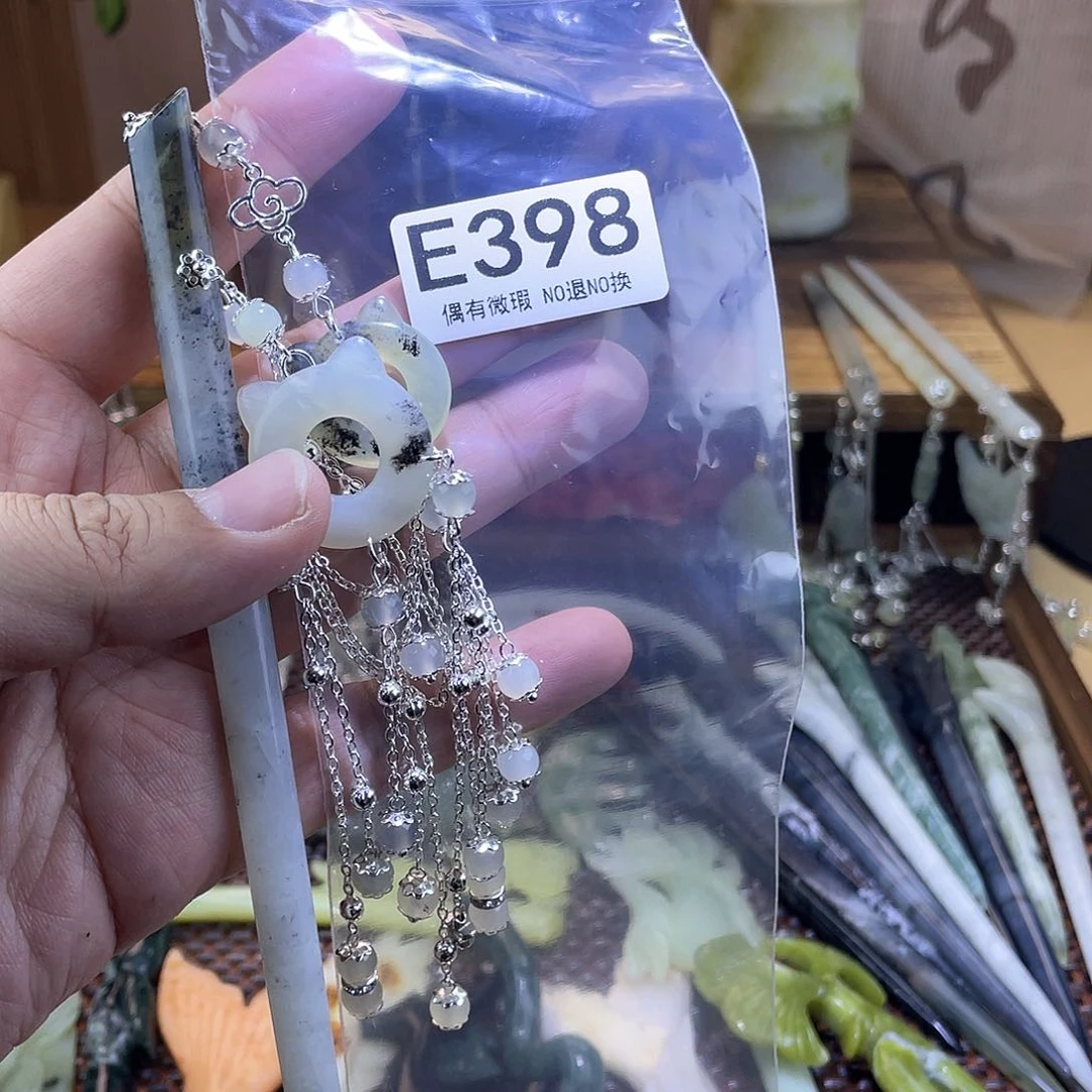 蛇纹石玉发饰银S925镀金镶嵌陌*£