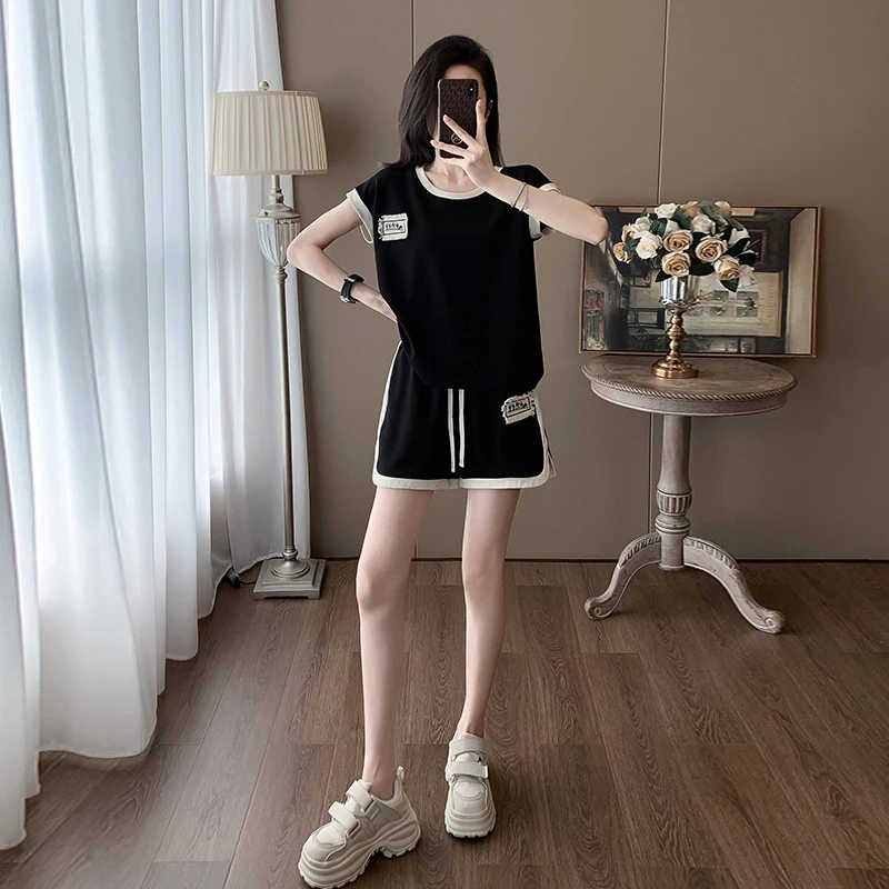 网红宽松运动休闲女装夏季套装时尚百搭薄款跑步假两件短袖短裤