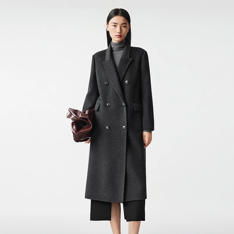 【羊毛羊绒】LANCY/朗姿2025冬新款双面呢西装领长大衣百搭外套女LC