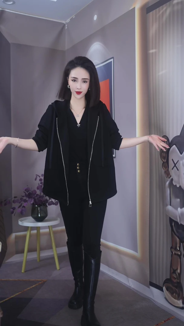 【上新定制】H.G360#女士新款减龄百搭黑色外套