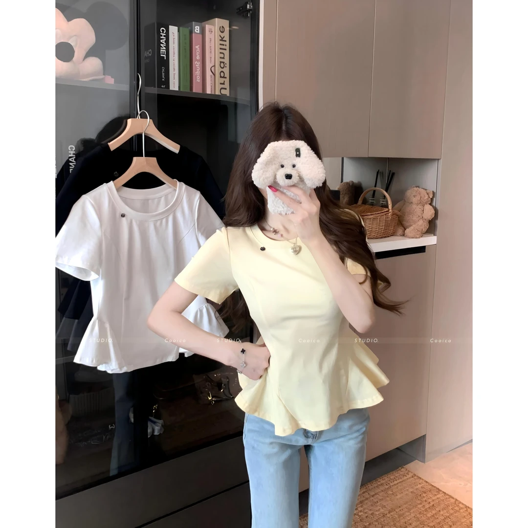 【6651】胖mm女装正肩短袖T恤夏装胖mm显瘦遮肚子收腰裙摆上衣